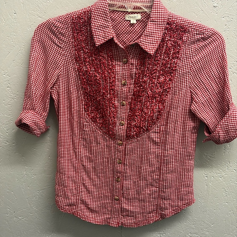 Pilcro Anthropologie Red Gingham Western Ruffled Button Down Top, Small - Picture 2 of 8
